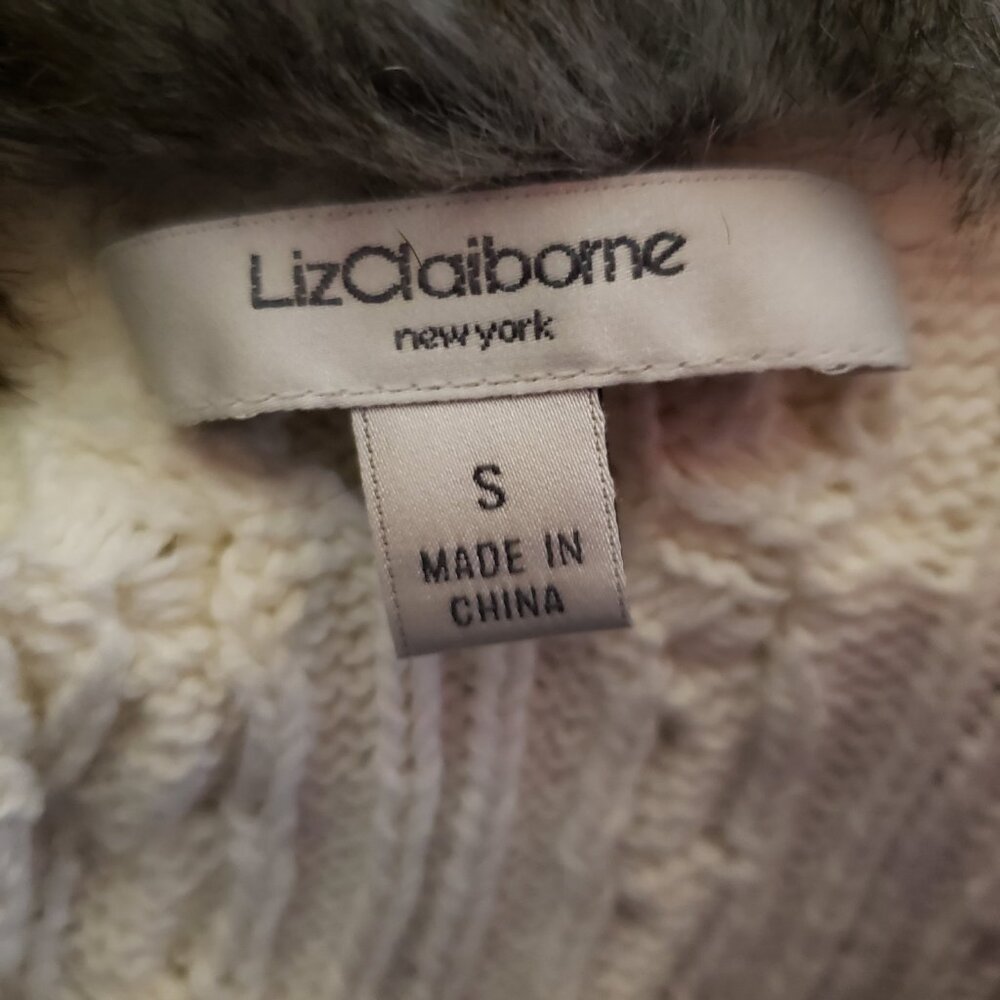 Claiborne S Cable Sweater Vest Cream Faux Fur Cozy Western Cabin Boho Chic Retro - Picture 6 of 7